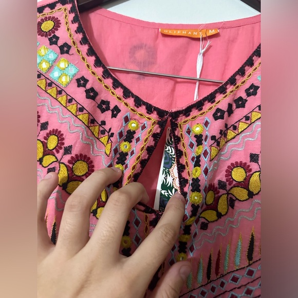 NWT OLIPHANT Kaftan Mini- Santa Fe Pink Floral Midi Embroidered Dress Size M - Picture 7 of 9